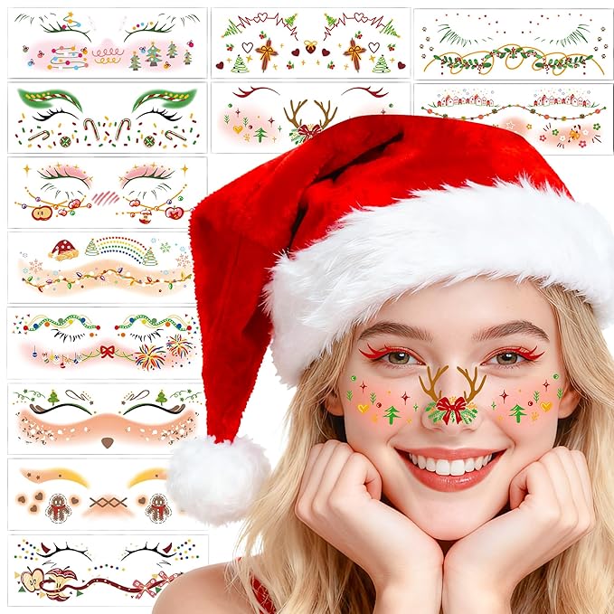 12 Pairs Christmas Eye Shadow Stickers Face Makeup Patches Xmas Eyeliner Stickers Decals Temporary Tattoo for Women Fake Tattoos Christmas Stocking Stuffers Party Supplies Festival Decorations