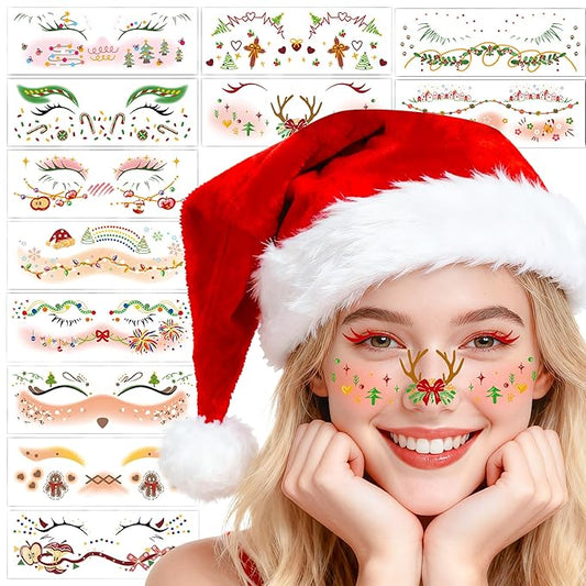 12 Pairs Christmas Eye Shadow Stickers Face Makeup Patches Xmas Eyeliner Stickers Decals Temporary Tattoo for Women Fake Tattoos Christmas Stocking Stuffers Party Supplies Festival Decorations