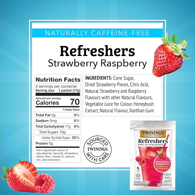 Twinings Strawberry Raspberry Refreshers, Herbal Tea Instant Beverage with Real Strawberry Fruit Bits, 5 Count (Pack of 6), Café Style, No Artificial Sweeteners, Naturally Caffeine-Free, 30 Packets