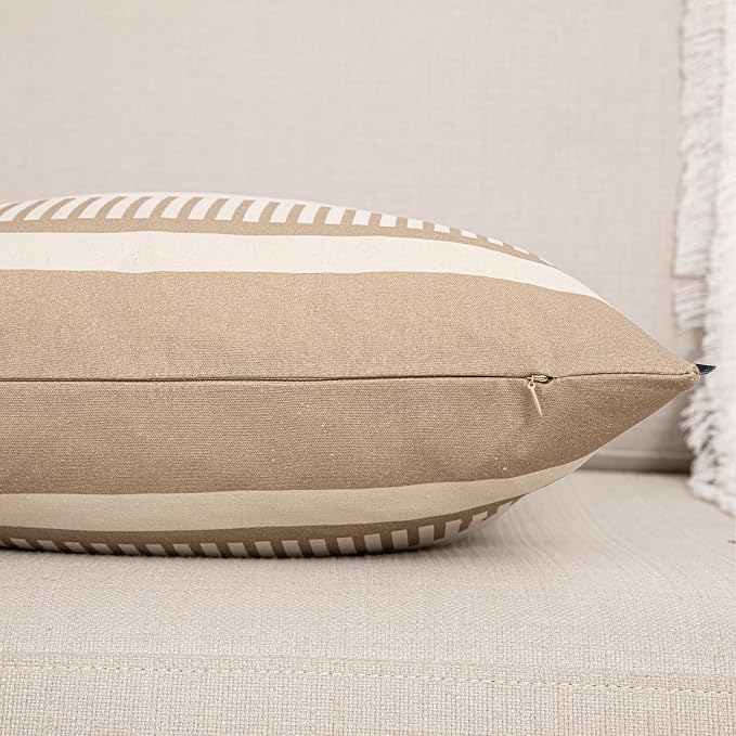 2 Pack 18x18 Inch Pillow Covers - Brown Faux Leather & Tan Stripe Print Soft Canvas Splicing, Same Pattern Both Sides | for Sofa Couch Bed Living Room, Farmhouse Industrial Minimalist Decor