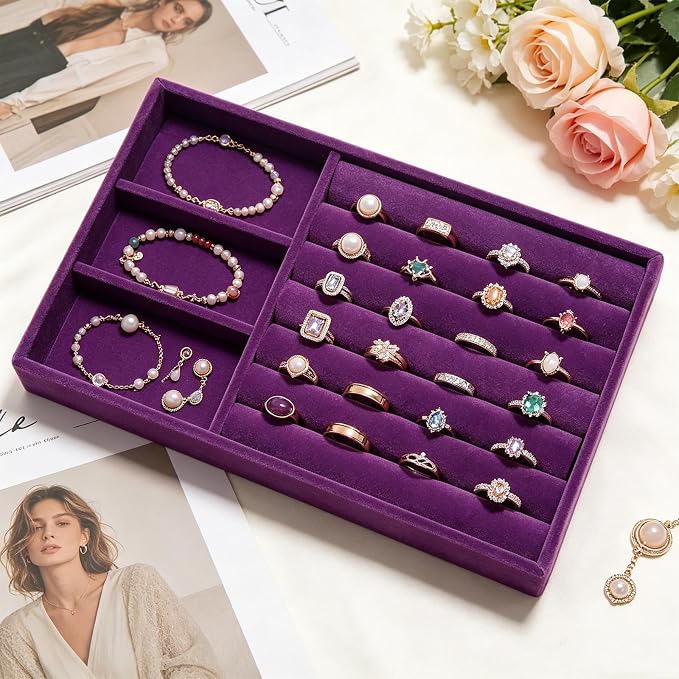 Velvet Jewelry Trays for Drawers, Purple, 2-in-1 | Stackable Jewelry Drawer Organizer, Ring Earring Necklace Bracelet Holder Organizer Display Tray with Removable Divider