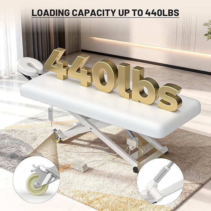Electric Massage Table Bed - Facial Spa Treatment Table, Esthetician Bed with Wheel, Hand & Foot Pedal Dual Control Adjustable Height 440lbs, Professional Salon & Beauty Spa Use (White)