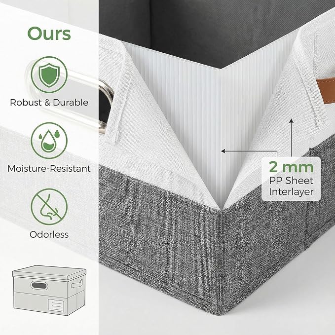 Storage Bins with Lids [3-Pack] Linen Fabric Foldable Storage Boxes Organizer Containers Baskets Cube with Cover for Bedroom Closet Office Grey&White（11.4X8.6X6.7