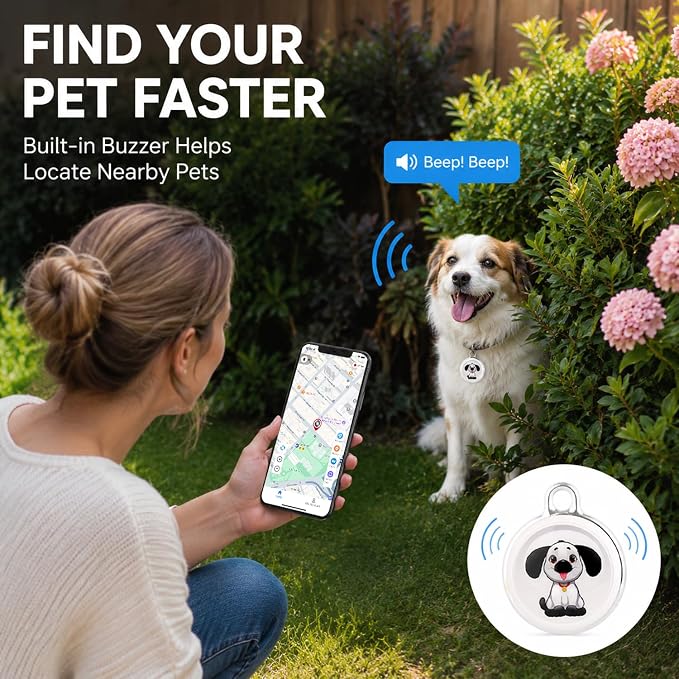 Pet Tracker for Dogs & Cats, No Subscription Required, No Monthly Fee, Smart Pet Locator Compatible with iOS & Android, IP67 Waterproof, Built-in Speaker, Location History & Sharing (Android & iOS)