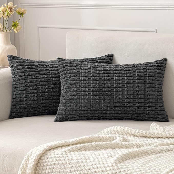 MIULEE Lumbar Corduroy Decorative Throw Pillow Covers 12x20 Dark Grey | Pack of 2 Soft Boho Striped Pillow Covers Modern Farmhouse Home Decor For Sofa Living Room Couch Bed