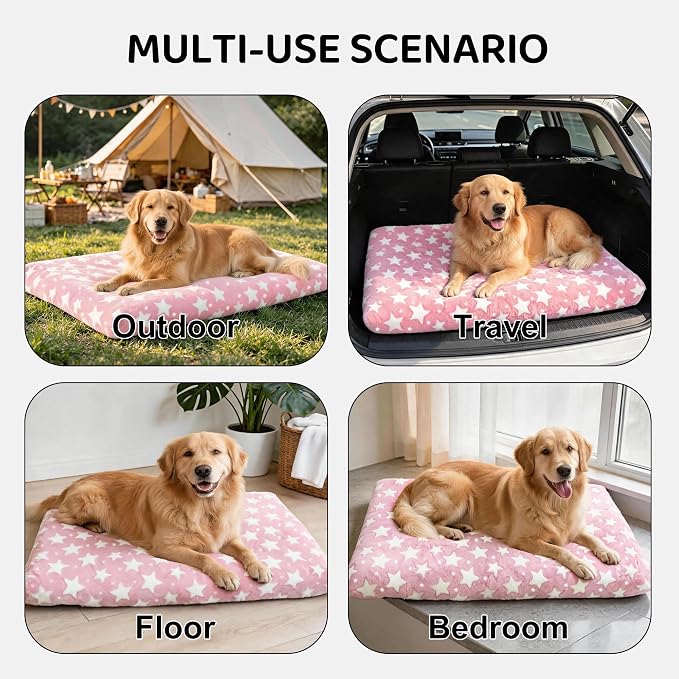 Orthopedic Dog Bed for Large Dogs, Washable Dog Mat with Removable Zippered Cover, Non-Slip Bottom, Comfort Crate Bed (Big&Little Stars Pink, L(35"*23"*3.1"))