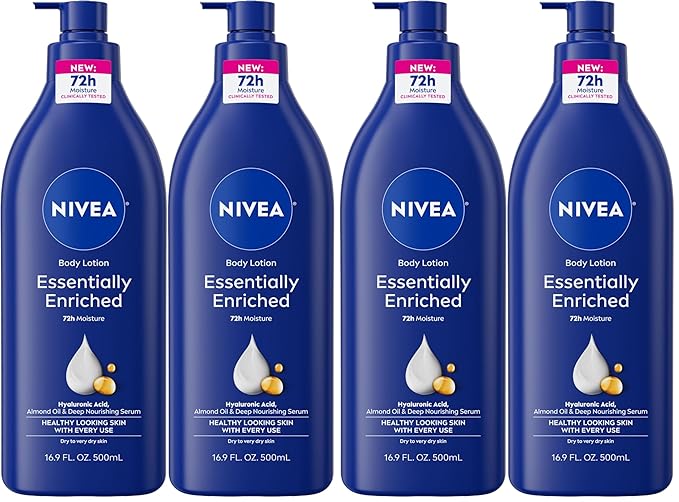 NIVEA Essentially Enriched Body Lotion for Very Dry Skin with Hyaluronic Acid,Almond Oil and Deep Nourishing Serum,72-Hour Body Moisturizer,16.9 Fl Oz Pump Bottle,(Pack of 4)