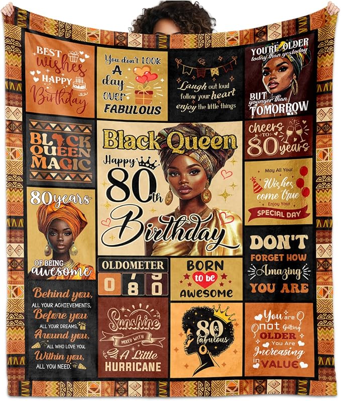 African American 80th Birthday Gifts for Women Blanket 60"X50", Encouragement Inspirational Bday Gift, 80 Year Old Birthday Gifts for Black Women Mom Lady Girl Friend