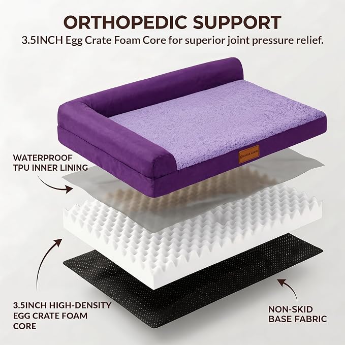 Patas Lague Orthopedic Large Dog Bed Washable Pet Sofa Bed 36''X24''Purple | 2-Sided Bolster Egg-Crate Foam Dog Couch Large Sized Dogs, Waterproof Removable Washable Cover, Nonskid Bottom Pet Crate Mat
