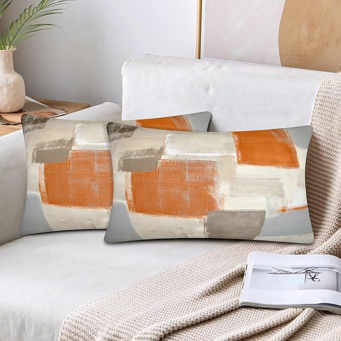 Orange and Grey Abstract Art Artwork Pillow Cover, Gallery Modern Decorative Throw Pillows Cushion Cover for Bedroom Sofa Living Room 12 x 20 Inch Set of 2