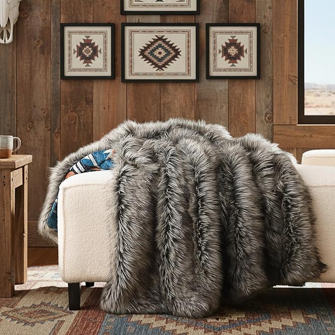 Luxury Plush Faux Fur Throw Blanket with Aztec Pattern, Super Warm, Fuzzy, Elegant, Fluffy Decoration Blanket for Couch, Armchair, Sofa and Bed, 60''x 80'', Teal