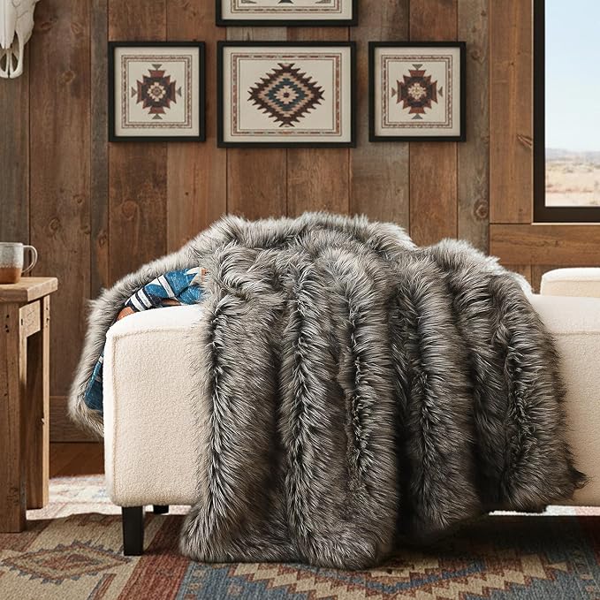 Luxury Plush Faux Fur Throw Blanket with Aztec Pattern, Super Warm, Fuzzy, Elegant, Fluffy Decoration Blanket for Couch, Armchair, Sofa and Bed, 50''x 60'', Teal