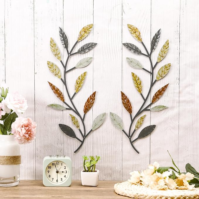 Zhengmy 2 Pcs Metal Leaf Wall Art Vine Branch Decor,Multi Color | Olive Branch Metal Decor for Living Room Hallway, Symmetrical Leaf Pair for Doorway Entryway, Lightweight Hanging Art Design