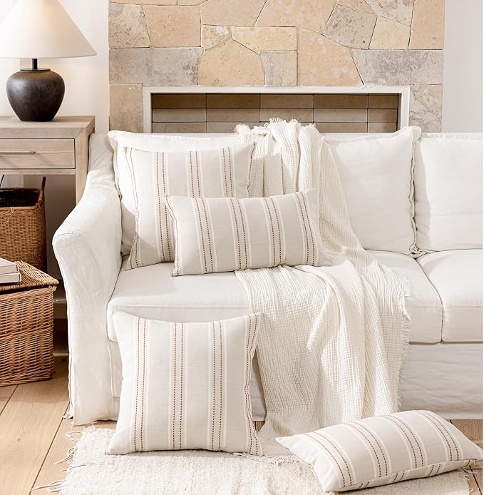 Hckot Terracotta Throw Pillow Covers 18x18 Set of 2 Striped Pillow Covers | Farmhouse Decorative Pillows Textured Linen Square Cushion Covers for Sofa Couch Bed Living Room Decor(Camel)