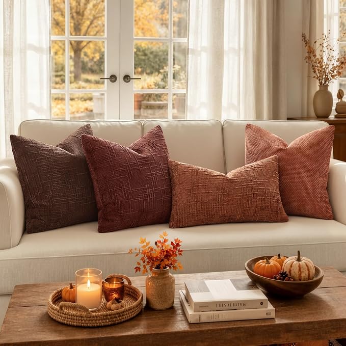 MIULEE Chenille Textured Fall Throw Pillow Covers Rust 20x20 Set of 2 | Slubby Decorative Pillows, Boho Farmhouse Rustic Home Decor, Modern Neutral Cushion Covers for Couch Sofa Bed Living Room