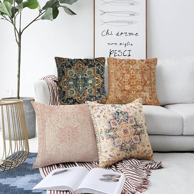 Boho Throw Pillow Covers 18x18 inch Set of 2,Bohemian Vintage Carpet Pattern Antique Ethnic Decor Double Sided Pattern Cushion Cover Soft Pillow Case Living Sofa Room Bed Square Pillow Cover