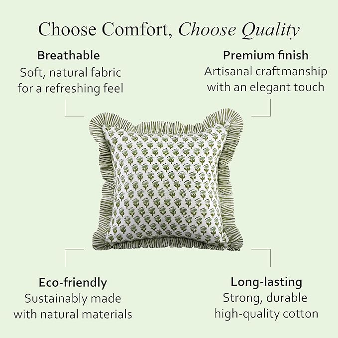 CPC Block Print Ruffle Throw Cover Emerald Green 20"x20" Inch Pack of 2-100% Cotton Ruffle Couch Decorative Boho Pillows Case for Living Room, Bedroom, Sofa, Farmhouse Gift for Spring, Mother's Day