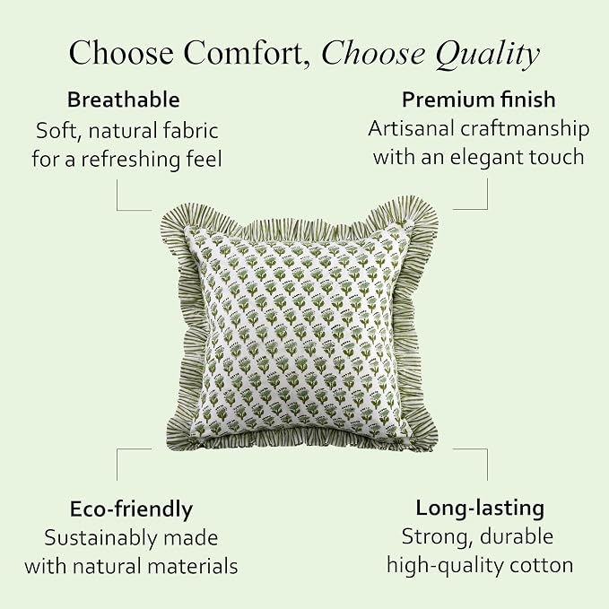 CPC Block Print Ruffle Throw Cover Emerald Green 16"x16" Inch Pack of 2-100% Cotton Ruffle Couch Decorative Boho Pillows Case for Living Room, Bedroom, Sofa, Farmhouse Gift for Spring, Mother's Day