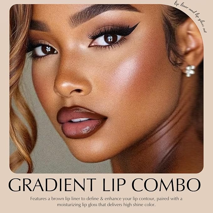 Brown Lip Liner Lip Gloss Set, Matte Plumping Lip Liner Pencil with Smudger Brush for Blending, Moisturizing Lightweight Non-Sticky Lip Gloss for Women High Shine Lip Kit Makeup, Set B