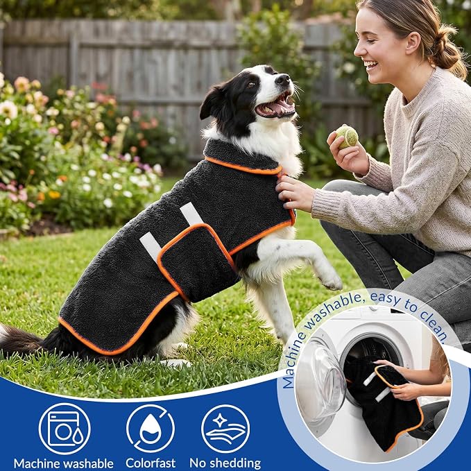 Bienbee Dog Bathrobe, Super Absorbent for Small to Large Dogs, Black L | Dog Robes with Soft Fleece, Warm & Cozy, Adjustable Fit, and Quick Drying Coat for Baths Swimming and Grooming