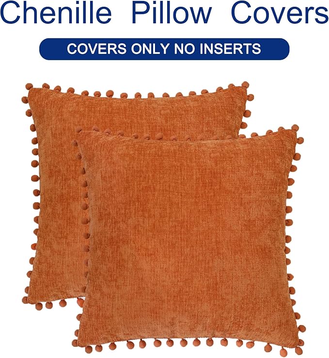 CaliTime Fall Decorative Throw Pillow Covers 22 X 22 Inches Burnt Orange | Pack of 2, Cozy Chenille Cushion Cases, with Pom Poms for Sofa Bed Living Room Farmhouse Home