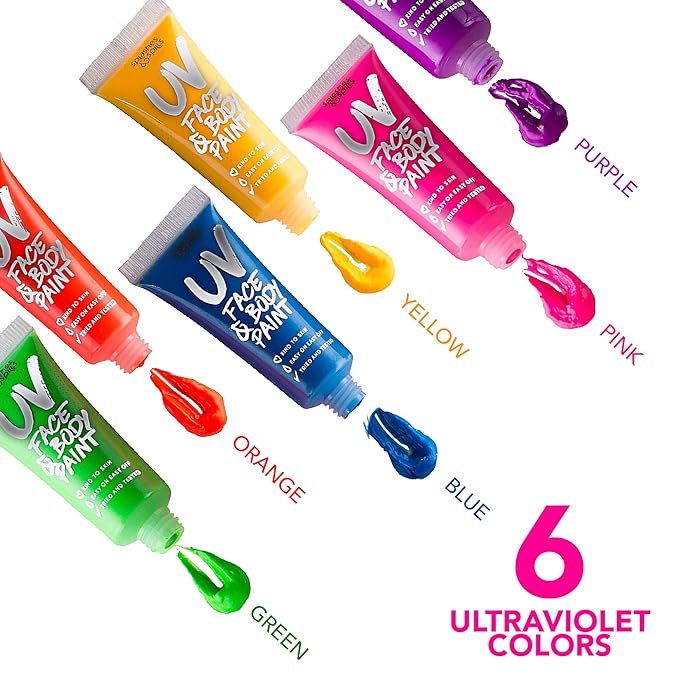 UV Face and Body Paint 10ml - 6 Pack - Neon Glow in the Dark Body Paint for Adults - Non Toxic, Vivid UV Reactive Makeup for Blacklight Parties & Events, Moisturizing Formula, by Splashes & Spills