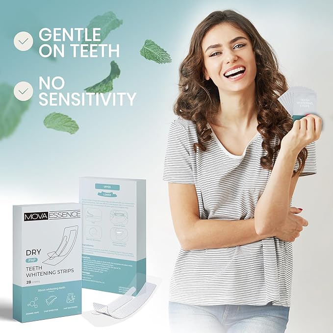 MOVA Essence Teeth Whitening Strips - Dry Pap - 14 Treatments (28 Strips) - Enamel Safe - Fast Effective Brighter White Teeth - 30-Minute Treatment