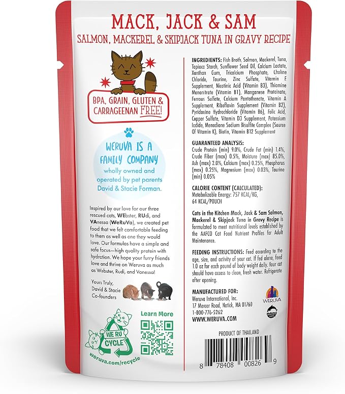 Weruva Cats in the Kitchen Mack, Jack & Sam with Mackerel, Skipjack & Salmon in Gravy Cat Food, 3oz Pouch (Pack of 12)
