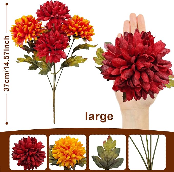 4 Bundles Large Artificial Fall Flowers Faux Mums for Outdoor Planters | Silk Fake Chrysanthemums Bouquet for Home Vase Outside Front Porch Table Floral Arrangement Wedding Autumn Decor