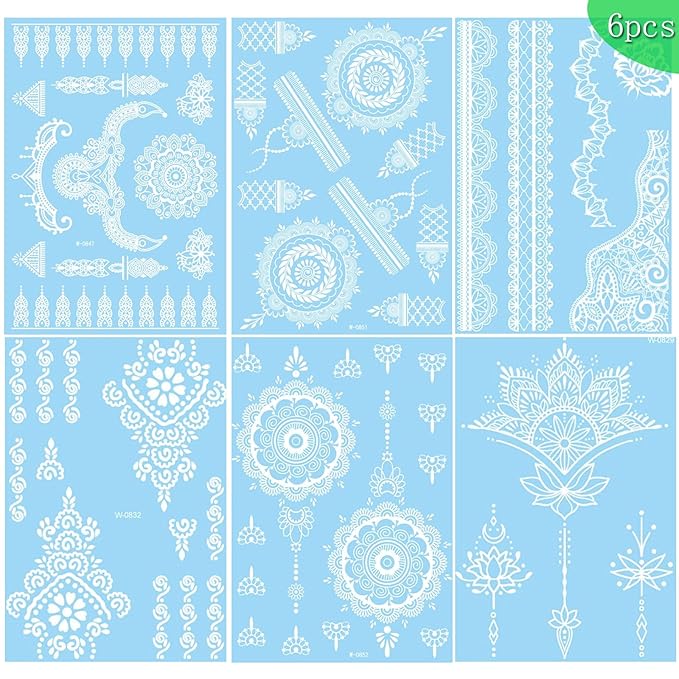 6 Sheets Henna Tattoos Temporary Stickers White Flower Geometric Waterproof Henna Tattoos for Women Indian Diwali Supplies Wedding Party Festivals Decoration