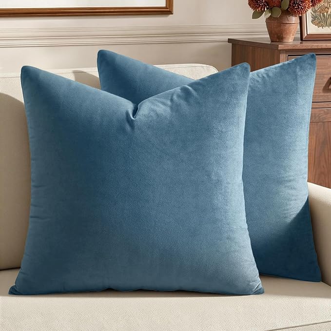 MIULEE 26x26 Inch Pack of 2 Euro Velvet Throw Pillow Covers Blue Gray | Soft Solid Decorative Euro Sham, Modern Luxury Home Decor, for King Bed Sofa Couch Bedroom Livingroom