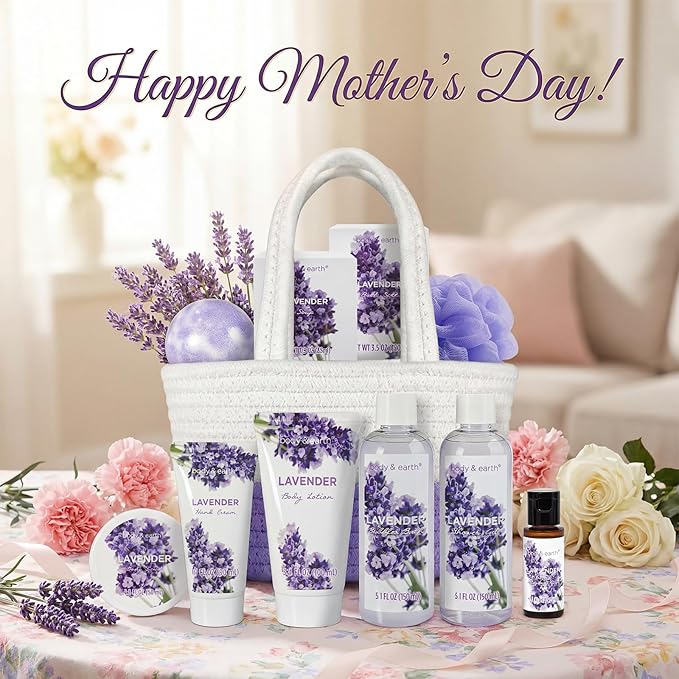 BODY & EARTH Spa Gift Baskets for Women 11pcs Lavender Gift Sets with Bubble Bath, Shower Gel, Body Lotion, Mom Birthday Gifts, Spa Kit, Purple Gift for Her, Mothers Day Gifts for Mom