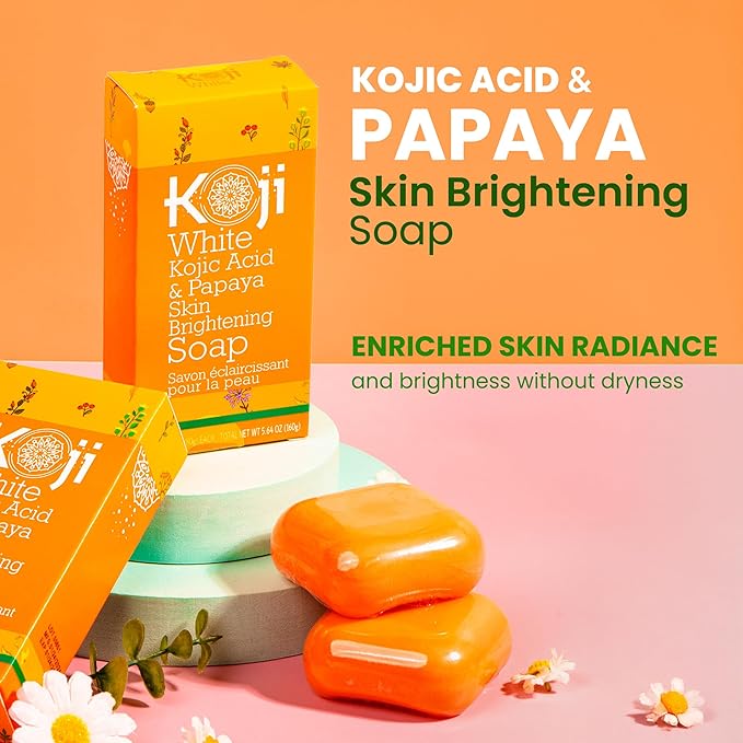 Koji White Kojic Acid & Papaya Skin Brightening Soap, Exfoliating Facial Bar, Radiant Skin, Rejuvenates, Moisturizer, Even Tone Cleansing Bar with Hyaluronic Acid, Vegan Soap, 2.82 oz (2 Bars)