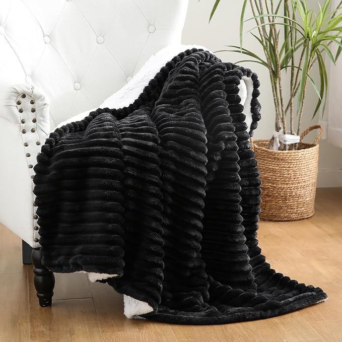 Black Sherpa Fleece Throw Blanket 90”×90”for Couch Sofa Bed | Double Side Soft Fuzzy Cozy Plush Thick Flannel Blanket with Striped Design Gift for Adults,Woman