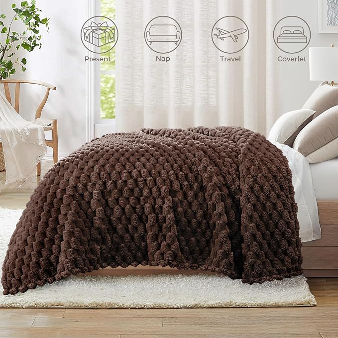 Whale Flotilla Soft Fleece Queen Size Bed Blanket Luxe 3D Jacquard, Coffee | Lightweight Breathable Coverlet Bedspread for All Seasons, Super Cozy Plush Fluffy Fuzzy Decorative Blanket for Bed, 90"x90"