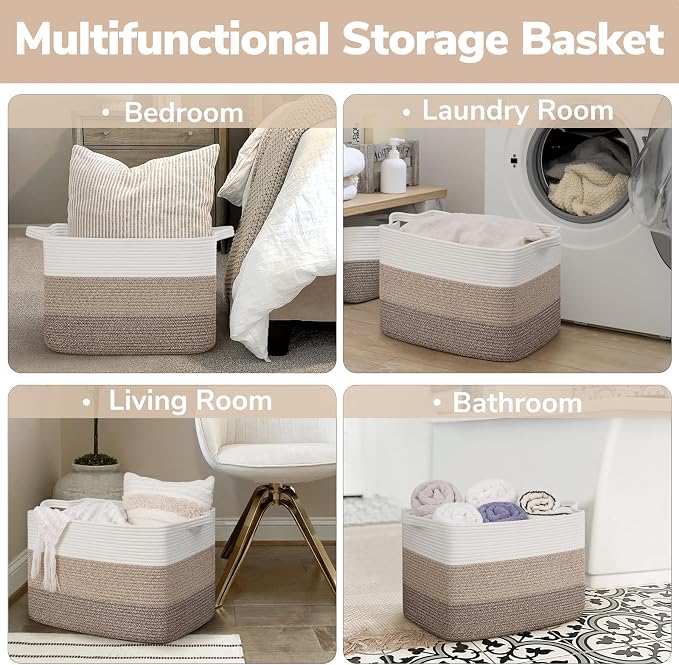 Goodpick 50L Large Woven Storage Basket, 18" x 14" x 12", Gradient Brown | Decorative Gift Basket for Nursery & Bedroom Organization, Cotton Rope Baskets for Blankets & Toys Storage, Built-In Handles