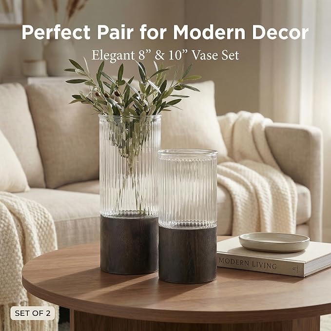 Ribbed Glass Flower Vase Set of 2 with Dark Wood Bases, 10 and 8 Inch Tall | Removable Glass Pieces, Wide-Opening Cylinder Vases for Bouquets, Fresh, Dried, Faux Stems, and Console, Shelf, Mantel Decor