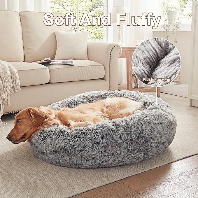 36 inches Faux Fur Fluffy Donut Dog Bed for Large Dogs,Dark Grey | Calming Plush Round Pet Bed with Removable & Washable Cover,Fits up to 80 lbs Pets