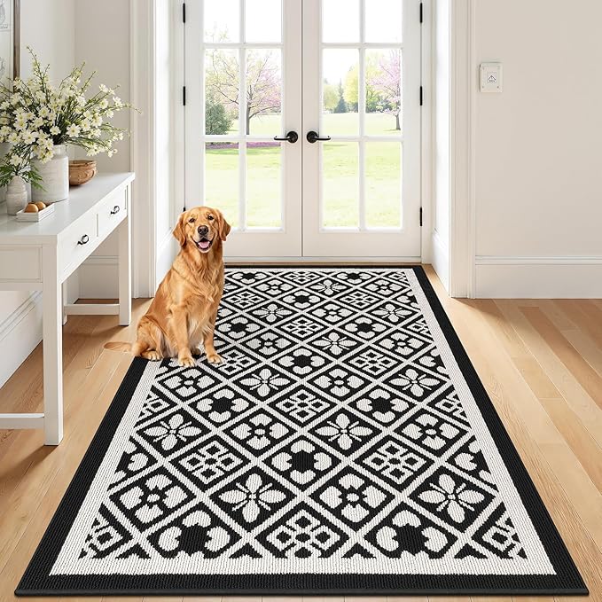 Ileading Large Indoor Door Mat 4x6t Absorbent Dog Mats for Muddy Paws,Machine Washable Living Room Area Rug with Non-Slip Rubber Backing Low-Profile Inside Carpet for Hallway,Kitchen(Black)