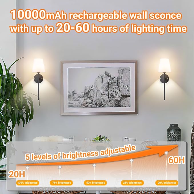 Nekhung Battery Operated Wall Sconce, Peel and Stick Sconces Set of 2 | Wireless Adhesive Stick On Wall Sconce, 10000mAh Rechargeable RGB Bulb with Remote, No Drill Wall Light for Bedroom Decor