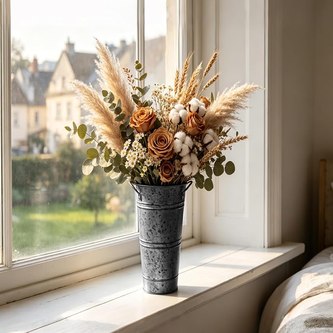 9 Inch Black Metal Flower Buckets, Set of 6 - Rustic Vases with Handles for Farmhouse & Wedding Decor, Tall Planters for Cut Flowers, Table Centerpiece & Home Organization