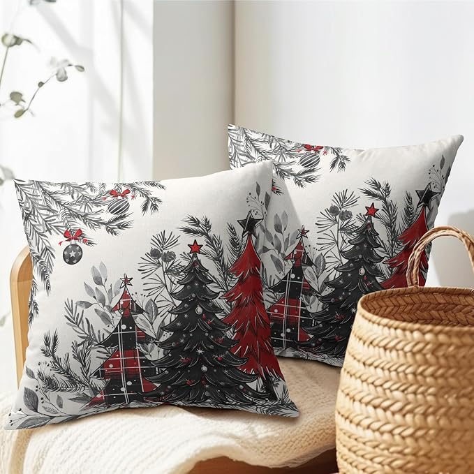Kawani Christmas Trees Pillow Covers 16x16 Inches, 2 Pcs Red Black Buffalo Plaid Xmas Bells Pine Tree Pillowcase Cotton Linen Square Cushion Case for Couch Bedroom Living Room Home Décor