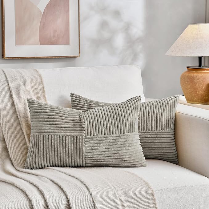 Fancy Homi Grey Lumbar Decorative Throw Pillow Covers 16x28 Inch for Living Room Couch Bed Sofa, Rustic Farmhouse Boho Home Decor, Soft Striped Corduroy Rectangle Accent Cushion Case 40x70 cm