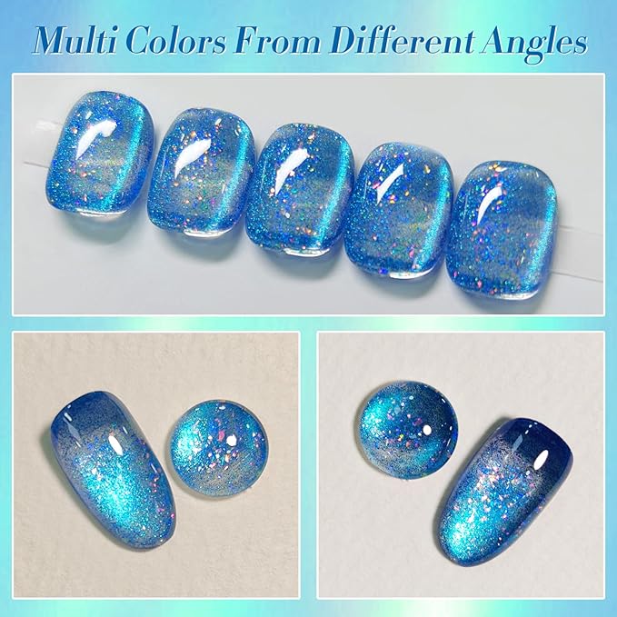 BORN PRETTY Blue Cat Magnetic Eye Gel Nail Polish Shimmer Glitter Holographic Aurora Blue Magnetic Gel Polish Nail Art Manicure DIY at Home 15ML