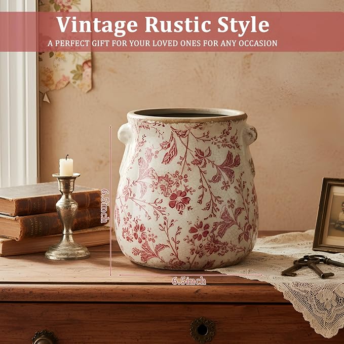 Ceramic Scroll Planter 6.5 Inch Chinoiserie Floral Vase with Drainage Holes Vintage Flower Vase Flower Pot Rustic Ceramic Pots for Indoor Plants Garden Home Bookshelf Decor(Pink Floral)