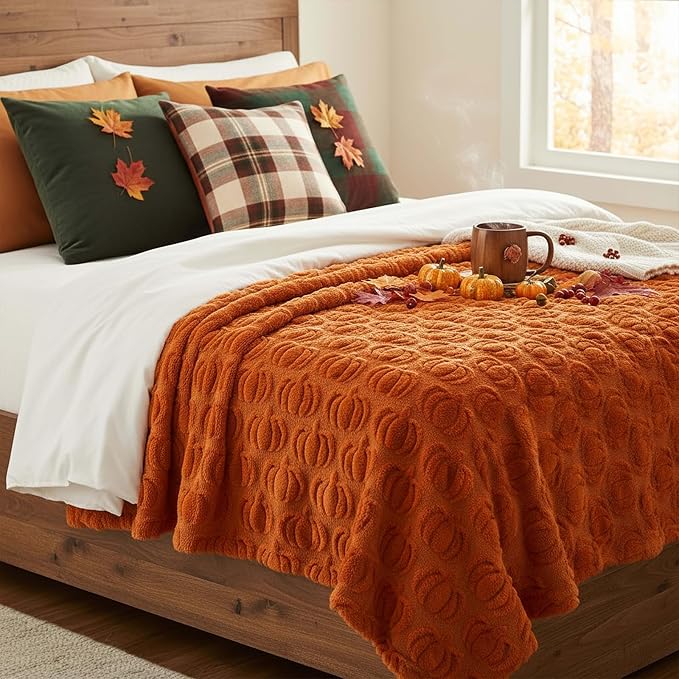 Tegeme Fall Halloween Pumpkin Throw Blanket 50" x 60", 3D Pumpkin Pattern Faux Rabbit Fur Fleece Blanket, Soft Cozy Rust Autumn Throw for Couch Sofa Bed, Thanksgiving Gift for Women Mom(Rust)