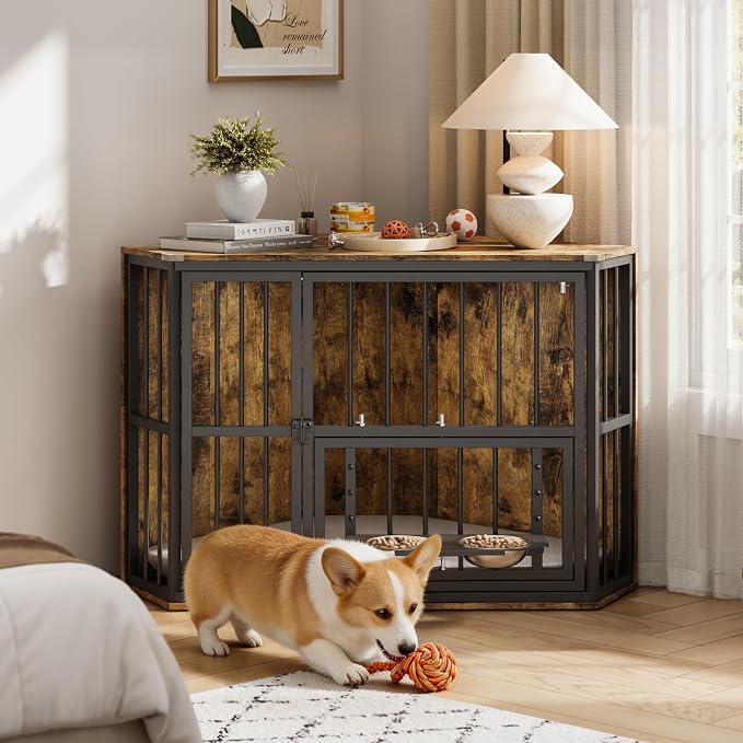 Corner Dog Crate Furniture for Small Dogs, Indoor Kennel End Table, Brown