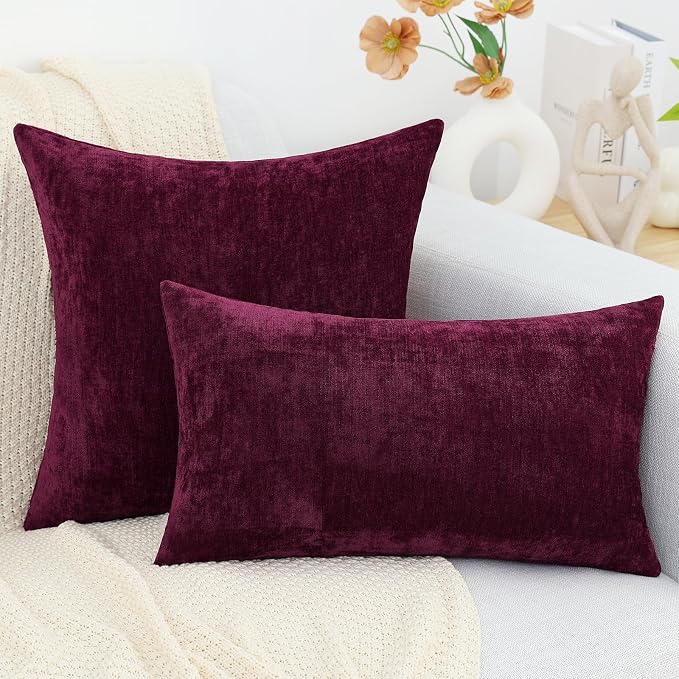 decorUhome Soft Chenille Burgundy Throw Pillow Covers 16X16 Set of 2 | Decorative Fall Couch Pillow Covers Solid Dyed Accent Modern Farmhouse Neutral Square Pillow Cases for Sofa