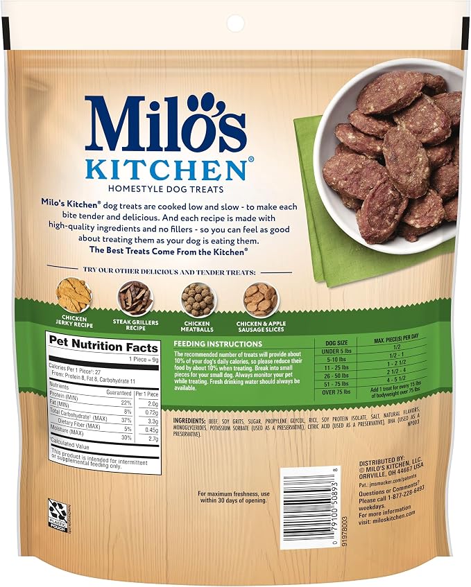 Milo's Kitchen Beef Sausage Slices with Rice Dog Treats, 18 Ounce (Pack of 4)