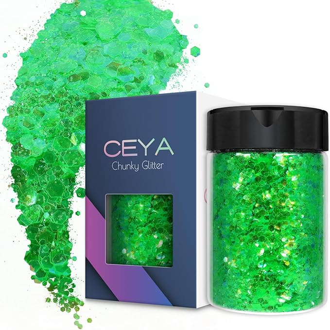 Ceya Chunky Glitter, 4.9oz/ 140g Iridescent Green Craft Glitter Powder Mixed Fine Flakes Iridescent Nail Sequins for Nail Art, Hair, Epoxy Resin, Tumblers, Slime, Painting, Festival Decor